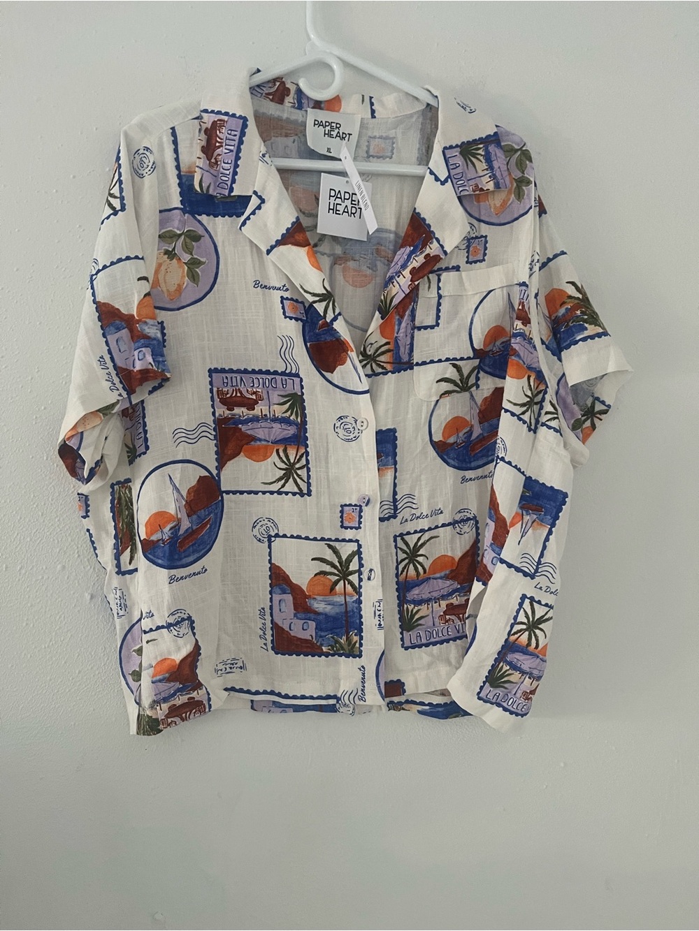 Womens  PAPER HEART  Sleeve Tropical Print Shirt - White/Blue/Orange